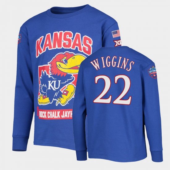 #22 Andrew Wiggins College Basketball University of Kansas 6x Natty Champs KUHoops Mascot Mens Royal T-Shirt 944756-382