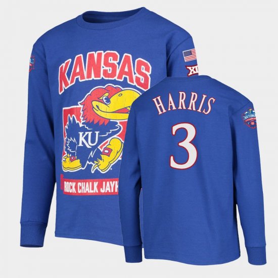 #3 Dajuan Harris College Basketball University of Kansas 6x Natty Champs KUHoops Mascot Mens Royal T-Shirt 414202-537